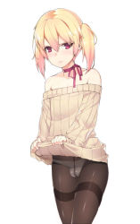 Rule 34 | 1boy, bad id, bad pixiv id, bare shoulders, blonde hair, clothes lift, crossdressing, lifted by self, male focus, original, panties, panties under pantyhose, pantyhose, red eyes, short hair, short twintails, solo, sweater, sweater lift, tama (tamatamo), thighband pantyhose, trap, twintails, underwear