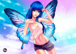 Rule 34 | 1girl, artstation sample, black shorts, blue hair, butterfly wings, buttons, collarbone, emmanuel gonzales, hand on own chest, head tilt, image sample, insect wings, long hair, looking at viewer, navel, original, parted lips, pointy ears, red lips, shirt, shorts, signature, sleeveless, smile, solo, sparkle, stomach, tank top, white shirt, wings