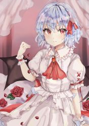 Rule 34 | 1girl, ahoge, arm support, ascot, bed, blue hair, blush, braid, brooch, canopy bed, closed mouth, commentary, commentary request, dress, flat chest, floor, flower, frilled cuffs, frilled shirt collar, frills, hair ribbon, highres, jewelry, maruro, no headwear, on bed, petals, pleated skirt, puffy short sleeves, puffy sleeves, red ascot, red eyes, red ribbon, remilia scarlet, ribbon, rose, short hair, short sleeves, sitting, skirt, smile, solo, symbol-only commentary, touhou, v-shaped eyebrows, wall, white dress