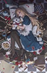 Rule 34 | 1girl, absurdres, alice (alice in wonderland), alice in wonderland, apron, blonde hair, blue eyes, blush, book, bow, card, clock, commentary, cup, dress, english commentary, flower, free style (yohan1754), frills, hairband, hat, highres, key, long hair, looking at viewer, lying, mary janes, on side, pantyhose, petals, pillow, puffy sleeves, ribbon, shoes, short sleeves, solo, stuffed toy, teacup, wrist cuffs