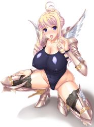 Rule 34 | 1girl, :d, absurdres, armor, bertille althusser, black thighhighs, blonde hair, blue eyes, blush, breasts, cleavage, covered erect nipples, drill hair, fellatio gesture, gauntlets, greaves, groin, high heels, highleg, highleg leotard, highres, huge filesize, komori kei, large breasts, leotard, long hair, looking at viewer, open mouth, pauldrons, pink hair, pussy juice, shoulder armor, smile, solo, spread legs, squatting, sweat, thighhighs, tongue, tongue out, walkure romanze