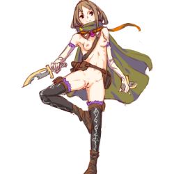 Rule 34 | 1girl, bad id, bad pixiv id, breasts, brown eyes, brown hair, cape, cleft of venus, elbow gloves, fat mons, gloves, naked cape, navel, nipples, original, pussy, short hair, simple background, small breasts, smile, solo, thighhighs, uncensored, weapon, white background, yamada (gotyui)