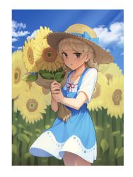 Rule 34 | 1girl, absurdres, blue bow, blue dress, blue sky, blush, bow, brown eyes, brown hat, cloud, cloudy sky, collarbone, day, dress, flower, goback, hat, hat bow, highres, holding, holding flower, idolmaster, idolmaster cinderella girls, light brown hair, long hair, morikubo nono, outdoors, parted lips, red ribbon, ribbon, ribbon-trimmed shirt, ribbon trim, shirt, short sleeves, sky, sleeveless, sleeveless dress, solo, sunflower, white shirt, yellow flower