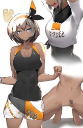 Rule 34 | 1girl, barefoot, bea (pokemon), black bodysuit, black hairband, blue eyes, bodysuit, bodysuit under clothes, bow hairband, breasts, cleavage, cleft of venus, clenched hand, collarbone, collared shirt, commentary request, creatures (company), dark-skinned female, dark skin, female pubic hair, game freak, grey hair, gym leader, hair between eyes, hairband, hands up, highres, medium hair, multiple views, nintendo, nude, open mouth, pokemon, pokemon swsh, print shirt, print shorts, pubic hair, shirt, short sleeves, shorts, spread legs, squatting, teeth, tied shirt, tiptoes, toes, tongue, yuuyuu (yuuki1771)