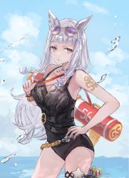 Rule 34 | 1girl, absurdres, animal ears, arm tattoo, black one-piece swimsuit, breasts, casual one-piece swimsuit, cleavage, cloud, cowboy shot, eyewear on head, gold ship (run revolt launcher) (umamusume), gold ship (umamusume), grey hair, hand on own hip, highres, holster, horizon, horse ears, jewelry, long hair, looking at viewer, necklace, one-piece swimsuit, open mouth, outdoors, photoshop (medium), pink eyes, rokojii, solo, sunglasses, swimsuit, tattoo, thigh holster, umamusume, water, water drop, water gun, wristband