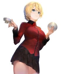 Rule 34 | 10s, 1girl, aos, black skirt, blonde hair, blue eyes, braid, breasts, closed mouth, cowboy shot, cup, darjeeling (girls und panzer), french braid, from below, girls und panzer, holding, holding cup, jacket, legs together, long sleeves, looking at viewer, looking down, miniskirt, pleated skirt, red jacket, saucer, shiny skin, short hair, simple background, skirt, smile, solo, standing, teacup, thighs, white background
