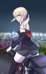 Rule 34 | absurdres, artoria pendragon (all), artoria pendragon (fate), back, blonde hair, boots, eyebrows hidden by hair, fate/grand order, fate (series), highres, holding, holding sword, holding weapon, jacket, long hair, looking at viewer, looking back, motor vehicle, motorcycle, night, night sky, official alternate costume, ponytail, riding, saber alter, saber alter (ver. shinjuku 1999) (fate), short hair, sii artatm, sky, sword, weapon, yellow eyes
