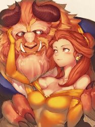 Rule 34 | 1boy, 1girl, animification, bare shoulders, beast (disney), beauty and the beast, belle (disney), blue suit, blush, breasts, brown eyes, brown hair, cleavage, couple, dress, earrings, elbow gloves, fangs, formal, fumio (rsqkr), furry, furry male, furry with non-furry, gloves, gold trim, hair bun, half updo, hand on own hip, holding hands, horns, interspecies, jewelry, light smile, long hair, medium breasts, single hair bun, smile, suit, yellow dress