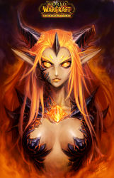 Rule 34 | 1girl, breasts, cat shi, deathwing, gender request, genderswap, highres, horns, large breasts, long hair, matching hair/eyes, monster girl, orange eyes, orange hair, personification, pointy ears, solo, warcraft, world of warcraft, yasaingma