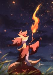 Rule 34 | absurdres, animal ear fluff, body fur, cloud, commentary request, creatures (company), delphox, eyelashes, fire, from below, from side, furry, game freak, gen 6 pokemon, grass, hands up, highres, holding, holding stick, kisa (kisa-kisa5900), looking up, night, nintendo, one-hour drawing challenge, outdoors, pokemon, pokemon (creature), sky, solo, standing, star (sky), stick