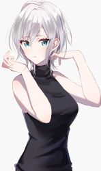 Rule 34 | 1girl, anastasia (idolmaster), bad id, bad twitter id, black shirt, blue eyes, blush, earrings, hands up, highres, idolmaster, idolmaster cinderella girls, jewelry, looking at viewer, misumi (macaroni), parted lips, shirt, short hair, silver hair, simple background, sleeveless, solo, stud earrings, turtleneck, upper body, white background