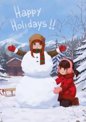 Rule 34 | 2girls, alkemanubis, black hair, blue sky, brown eyes, brown hair, building, day, earmuffs, forest, green eyes, hat, highres, long hair, looking at another, mittens, mountainous horizon, multiple girls, nature, original, outdoors, ponytail, scarf, short hair, sky, sled, snow, snowman, tree