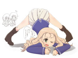 Rule 34 | 3girls, andou (girls und panzer), bc freedom military uniform, black footwear, blonde hair, blue jacket, boots, commentary, dress shirt, drill hair, frown, girls und panzer, green eyes, hands on ground, high collar, highres, jack-o&#039; challenge, jacket, knee boots, long hair, long sleeves, looking at another, looking at viewer, makura ken, marie (girls und panzer), medium hair, messy hair, military, military uniform, miniskirt, multiple girls, notice lines, one eye closed, open mouth, original, oshida (girls und panzer), partially colored, pleated skirt, shadow, shirt, simple background, skirt, spread legs, standing, top-down bottom-up, translated, uniform, vest, white background, white skirt