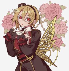 Rule 34 | 1boy, :o, absurdres, androgynous, belt, black hairband, black jacket, blonde hair, brooch, butterfly wings, cowboy shot, ensemble stars!, floral background, flower, frilled sleeves, frills, gears, hair between eyes, hairband, hands up, highres, insect wings, jacket, jewelry, long sleeves, looking at viewer, male focus, meremero, metal wings, nito nazuna, open mouth, plant, red eyes, red flower, red rose, ribbon, rose, short hair, solo, standing, thorns, vines, white background, white ribbon, wings