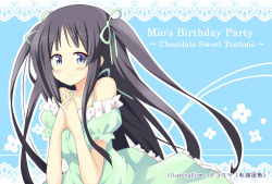 Rule 34 | akiyama mio, alternate hairstyle, black hair, blue eyes, dekosuke, dress, k-on!, long hair, own hands clasped, own hands together, solo, twintails