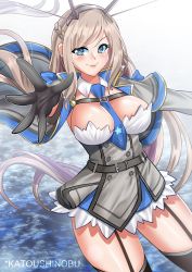 Rule 34 | 1girl, absurdres, alternate hairstyle, black gloves, black thighhighs, blonde hair, blue eyes, blue necktie, breasts, capelet, cleavage, commentary, cowboy shot, dress, english commentary, foreshortening, garter straps, gloves, grey dress, hair down, headgear, highres, kantai collection, katou shinobu, large breasts, long hair, looking at viewer, maryland (kancolle), necktie, sleeveless, solo, thighhighs