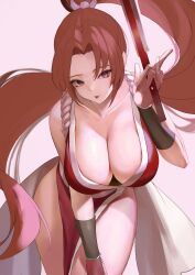 Rule 34 | 1girl, absurdres, arm guards, bare shoulders, breasts, brown hair, cleavage, cowboy shot, downblouse, dress, fatal fury, folding fan, hand fan, hand on own thigh, hand up, highres, holding, large breasts, leaning forward, long hair, looking at viewer, mute (mute89539160), no panties, parted bangs, pelvic curtain, pink eyes, ponytail, red dress, shiranui mai, sleeveless, sleeveless dress, smile, solo, standing, the king of fighters, thighs, tongue, tongue out, very long hair