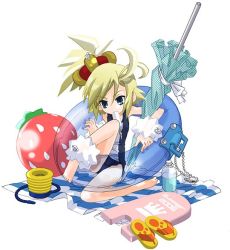 Rule 34 | 00s, 1girl, 2006, antenna hair, beach umbrella, blanket, blonde hair, blue eyes, bottle, casual one-piece swimsuit, female focus, food, fruit, high ponytail, inflatable armbands, inflatable toy, innertube, kickboard, mouth hold, one-piece swimsuit, popsicle, sandals, simple background, sitting, solo, strawberry, summer, swim ring, swimsuit, umbrella, water bottle