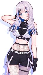 Rule 34 | 1girl, aqua eyes, black gloves, blue hair, breasts, choker, colored inner hair, crop top, earrings, fishnet pantyhose, fishnets, gloves, grey hair, hair ornament, highres, hololive, hololive indonesia, jewelry, large breasts, long hair, looking at viewer, ma draws, multicolored hair, navel, o-ring, o-ring choker, official alternate costume, pantyhose, pavolia reine, pavolia reine (streetwear), shorts, smile, solo, streaked hair, virtual youtuber