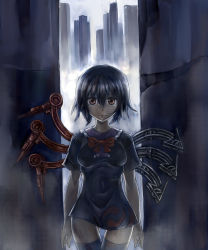 Rule 34 | 1girl, alley, alternate wings, asymmetrical wings, black hair, black thighhighs, breasts, city, female focus, highres, houjuu nue, looking at viewer, matsutake umeo, mechanical wings, red eyes, shirt, short hair, solo, standing, taut clothes, taut shirt, thigh gap, thighhighs, thighs, touhou, wings, zettai ryouiki