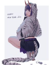 Rule 34 | 1girl, absurdres, alternate costume, animal hood, bob cut, denim, denim skirt, eyeliner, fake tail, fate/grand order, fate (series), from behind, full body, fur jacket, gradient background, grey background, hands in pockets, happy new year, highres, hood, hood up, hooded jacket, horns, ichiya1115, jacket, japanese clothes, kimono, looking at viewer, looking back, loose socks, makeup, midriff, new year, oni, open clothes, open jacket, open kimono, paw print, paw shoes, purple eyes, purple hair, short eyebrows, short hair, shuten douji (fate), skin-covered horns, skirt, socks, solo, squatting, tail, thighs, tiger hood, tiger tail, tiptoes, two-tone background, white background, white tiger print