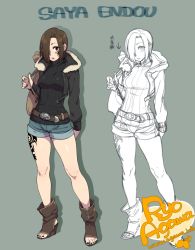 Rule 34 | 1girl, agawa ryou, artist name, bad id, bad tumblr id, bag, belt, black nails, blue background, boots, breasts, brown hair, character sheet, denim, denim shorts, female focus, full body, hair over one eye, looking at viewer, nail polish, original, partially colored, red eyes, short hair, shorts, simple background, solo, sweater, tattoo, toeless footwear, watermark, web address
