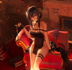 Rule 34 | 1girl, absurdres, armchair, artificial flower, bad id, bad pixiv id, bare shoulders, black coat, black dress, black gloves, black hair, book, book stack, bookshelf, breasts, chair, cleavage, coat, unworn coat, collarbone, covered navel, dress, feet out of frame, fingerless gloves, fireplace, flower, gloves, groin, hair flower, hair ornament, hairband, highres, holding, holding weapon, indoors, large breasts, no panties, parted lips, pillow, plant, potted plant, qiaoyiqiao kanyikanla zouguoluguobuyaocuoguo, red eyes, short hair with long locks, sidelocks, sitting, sleeveless, sleeveless dress, smile, solo, spy x family, thigh strap, weapon, yellow flower, yellow hairband, yor briar