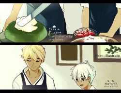 Rule 34 | 2boys, age difference, apron, artist name, baking, blonde hair, cake, english text, closed eyes, food, fruit, icing, male focus, multiple boys, nadia kim, original, short hair, smile, strawberry, white hair