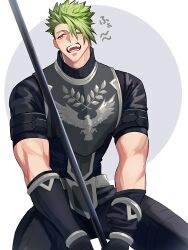 Rule 34 | 1boy, absurdres, achilles (fate), black pants, black shirt, brown eyes, fate/apocrypha, fate (series), gauntlets, green hair, haruakira, highres, invisible chair, male focus, muscular, muscular male, pants, polearm, shirt, short hair, short sleeves, sitting, sleepy, solo, teeth, translation request, undercut, weapon, yawning