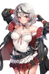 Rule 34 | 1girl, ahoge, armpits, arms up, belt, black coat, black gloves, blush, braid, breasts, camisole, cleavage, closed mouth, coat, collar, collarbone, cowboy shot, fingerless gloves, frills, garter straps, gloves, hair ornament, hairclip, heart, highres, hololive, looking at viewer, medium breasts, miniskirt, multicolored hair, off shoulder, open clothes, open coat, pinki o64, plaid, plaid skirt, pleated skirt, red eyes, red skirt, sakamata chloe, short hair, silver hair, simple background, skirt, solo, studded belt, two-tone hair, virtual youtuber, white background, x hair ornament