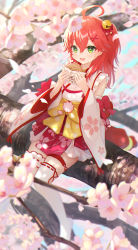 Rule 34 | 1girl, :d, ahoge, asymmetrical legwear, bell, blush, bridal garter, cherry blossom print, cherry blossoms, dappled sunlight, day, detached sleeves, falling petals, floral print, food, green eyes, hair bell, hair ornament, hair ribbon, hands up, highres, holding, holding food, hololive, in tree, japanese clothes, long hair, long sleeves, looking at viewer, nontraditional miko, obi, one side up, open mouth, petals, pink hair, pleated skirt, ribbon, sakura miko, sakura miko (1st costume), sash, shirt, sitting, skirt, sleeveless, sleeveless shirt, smile, solo, sunlight, taiyaki, takamiya so, thigh strap, tree, virtual youtuber, wagashi, wide sleeves, wrapper