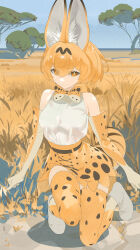 Rule 34 | 1girl, animal ears, bare shoulders, black hair, blonde hair, bow, bowtie, breasts, cat ears, cat girl, cat tail, closed mouth, commentary request, day, elbow gloves, gloves, grey footwear, highres, kemono friends, koyo2023, looking at viewer, medium breasts, multicolored hair, on one knee, orange eyes, outdoors, serval (kemono friends), serval print, shirt, shirt tucked in, short hair, skirt, sleeveless, sleeveless shirt, smile, solo, streaked hair, tail, thighhighs, white shirt, yellow bow, yellow bowtie, yellow gloves, yellow skirt, yellow thighhighs, zettai ryouiki