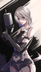 Rule 34 | 1girl, a2 (nier:automata), bare shoulders, black shorts, black tank top, blue eyes, breasts, cowboy shot, expressionless, hair over one eye, hand up, highres, holding, holding sword, holding weapon, looking at viewer, medium breasts, medium hair, mole, mole under mouth, nier:automata, nier (series), pod (nier:automata), re (re 09), short shorts, shorts, silver hair, solo, sword, tank top, torn clothes, torn tank top, weapon