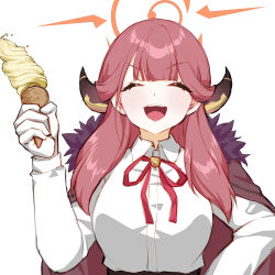 Rule 34 | 1girl, aesice, aru (blue archive), black horns, blue archive, breasts, brown coat, closed eyes, coat, coat on shoulders, collared shirt, demon horns, facing viewer, food, fur-trimmed coat, fur trim, gloves, halo, highres, holding, holding food, horns, ice cream, large breasts, long hair, long sleeves, neck ribbon, open mouth, orange halo, pink hair, red ribbon, ribbon, shirt, simple background, smile, solo, white background, white gloves, white shirt