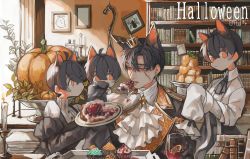 Rule 34 | 4boys, absurdres, animal ears, apron, ascot, black apron, black ascot, black gloves, black hair, black jacket, blackberry (fruit), book, book stack, bookshelf, brooch, cake, cake slicer, candle, candlestand, cat boy, cat ears, collared shirt, commentary, crown, cup, cupcake, dated commentary, detached sleeves, drawing (object), drinking glass, earrings, eating, english commentary, english text, extra ears, fang, fatalbug896, feeding, food, fruit, gloves, hair between eyes, halloween, highres, holding, holding cup, holding plate, indoors, jacket, jewelry, juliet sleeves, leaf, long sleeves, looking at another, looking at viewer, male focus, mini crown, multicolored clothes, multicolored jacket, multiple boys, multiple persona, orange eyes, orange jacket, original, picture frame, plant, plate, puffy sleeves, pumpkin, raspberry, red eyes, scar, scar on face, serving, shirt, signature, sitting, sleeves past fingers, sleeves past wrists, standing, sweets, tied sleeves, tray, two-tone jacket, upper body, white ascot, white shirt