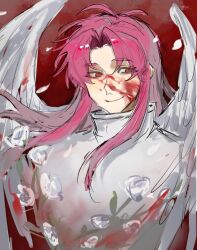 Rule 34 | 1boy, antenna hair, blood, blood on clothes, blood on face, bloody wings, chinese commentary, closed mouth, commentary request, eyes visible through hair, feathered wings, feitian yimian shen jiao wan sui, hatsutori hajime, highres, long hair, male focus, pink hair, red eyes, saibou shinkyoku, shirt, sketch, smile, solo, upper body, white shirt, white wings, wings