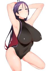 Rule 34 | 112san, 1girl, armpits, arms behind head, bad id, bad pixiv id, bare shoulders, blush, breasts, competition swimsuit, covered navel, fate/grand order, fate (series), huge breasts, long hair, looking at viewer, minamoto no raikou (fate), one-piece swimsuit, purple eyes, purple hair, simple background, solo, swimsuit, very long hair, white background