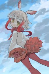 Rule 34 | 1girl, :o, ass, bird tail, blue sky, blush, brown eyes, cloud, cloudy sky, commission, day, feet out of frame, from behind, fur collar, gloves, head wings, highres, jacket, japanese crested ibis (kemono friends), kemono friends, kibisake, long sleeves, looking at viewer, looking back, multicolored hair, outdoors, pantyhose, parted lips, pleated skirt, red gloves, red hair, red pantyhose, red skirt, skeb commission, skirt, sky, sleeves past wrists, solo, tail, two-tone hair, white hair, white jacket, white wings, wide sleeves, wings