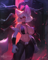 Rule 34 | 1girl, abs, absurdres, animal ears, animal hands, bikini, bikini top only, black pants, black sclera, breasts, collar, colored sclera, cosplay, disembodied hand, dog ears, dog tail, eye trail, fur, gachimuchi, highres, huge breasts, kardie, leather, leather pants, light trail, locked arms, o-ring, o-ring top, original, pants, red eyes, short hair, solo, spiked collar, spikes, standing, swimsuit, tail, vambraces, van darkholme, van darkholme (cosplay)