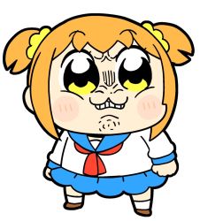 Rule 34 | 1girl, :3, angry, bkub, blue sailor collar, blue skirt, blush, blush stickers, brown footwear, clenched hands, commentary, dot nose, full body, hair ornament, hair scrunchie, light blush, neckerchief, orange hair, poptepipic, popuko, red neckerchief, sailor collar, school uniform, scrunchie, serafuku, shirt, shoes, short hair, short twintails, simple background, skirt, socks, solo, standing, twintails, two side up, white background, white shirt, white socks, wrinkled skin, yellow eyes, yellow scrunchie