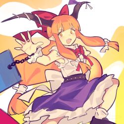 Rule 34 | 1girl, :d, blunt bangs, bow, chain, cuffs, fang, highres, horn bow, horn ornament, horns, ibuki suika, long hair, looking at viewer, ntii, open mouth, orange hair, pointy ears, shackles, skirt, sleeveless, smile, solo, touhou