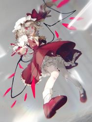 Rule 34 | 1girl, ascot, blonde hair, flandre scarlet, full body, grey background, hat, looking at viewer, mob cap, one side up, panha 3201, red eyes, red footwear, red skirt, red vest, shirt, skirt, solo, touhou, vest, white hat, white legwear, white shirt, wings, yellow ascot