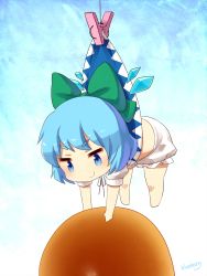 Rule 34 | &gt;:), 1girl, artist name, bloomers, blue eyes, blue hair, blueberry (5959), bow, bread, chibi, cirno, clothes lift, dress, dress lift, food, hair bow, highres, matching hair/eyes, mini person, minigirl, short hair, smile, solo, touhou, underwear, v-shaped eyebrows, wings