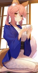 Rule 34 | 1girl, absurdres, animal ear fluff, animal ears, blush, breasts, closed mouth, cup, fate/extra, fate/grand order, fate (series), fox ears, fox girl, fox tail, hair between eyes, highres, japanese clothes, jun (aousa0328), kimono, large breasts, long hair, long sleeves, looking at viewer, official alternate costume, pink hair, seigaiha, seiza, shouji, sidelocks, sitting, sliding doors, smile, tail, tamamo (fate), tamamo no mae (fate/extra), tamamo no mae (traveling outfit) (fate), twintails, wide sleeves, yellow eyes, yukata