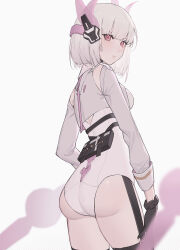 Rule 34 | 1girl, absurdres, accessories, ass, bodysuit, from behind, gloves, highres, liv: lux (punishing: gray raven), liv (punishing: gray raven), looking back, pink eyes, punishing: gray raven, skin tight, thighs, white hair, xtears kitsune