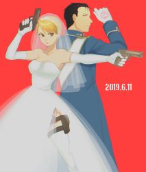 Rule 34 | 1boy, 1girl, aiming, amestris military uniform, back-to-back, bare shoulders, black hair, blonde hair, blue coat, breasts, bridal veil, brown eyes, closed mouth, coat, dated, dress, dual wielding, elbow gloves, feet out of frame, fighting stance, finger on trigger, frown, fullmetal alchemist, gloves, gun, hairband, hand up, handgun, highres, holding, holding gun, holding weapon, holster, long sleeves, looking at viewer, outstretched arm, ozaki (tsukiko3), profile, red background, riza hawkeye, roy mustang, sash, see-through, short hair, shoulder sash, side slit, sideways glance, simple background, smile, standing, strapless, strapless dress, thigh holster, thighhighs, torn clothes, torn dress, veil, weapon, wedding dress, white dress, white gloves, white thighhighs