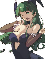Rule 34 | 1girl, bare shoulders, black leotard, breasts, cleavage, clothing cutout, collarbone, green eyes, green hair, head wings, heart cutout, highres, leotard, long hair, medium breasts, morrigan aensland, ooiwa (irc14786149), open mouth, pantyhose, simple background, solo, strapless, strapless leotard, vampire (game), white background, wings