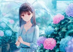 Rule 34 | 1girl, blurry, brown hair, commentary, depth of field, dress, drop earrings, earrings, english commentary, flower, hair ornament, hairclip, hiten (hitenkei), holding, holding umbrella, hydrangea, jewelry, light smile, long sleeves, looking at viewer, medium hair, original, outdoors, parted lips, rain, red eyes, solo, transparent, transparent umbrella, umbrella, upper body, white dress