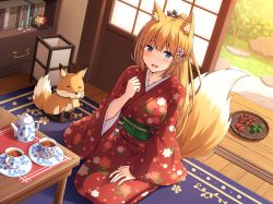 Rule 34 | 1girl, :d, animal, animal ears, blonde hair, blue eyes, blush, book, breasts, collarbone, commentary request, cup, day, fang, fingernails, floral print, fox, fox ears, fox girl, fox tail, hair ornament, hand up, high ponytail, indoors, japanese clothes, kimono, lantern, long hair, looking at viewer, medium breasts, nakamura sumikage, obi, open mouth, original, ponytail, print kimono, red kimono, sash, saucer, seiza, sitting, sleeves past wrists, smile, solo, tail, tail raised, tea, teacup, teapot, very long hair, wide sleeves, wooden floor