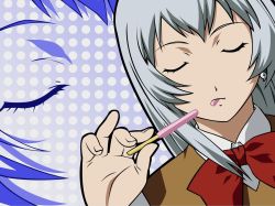 Rule 34 | 00s, 1girl, bow, bowtie, chouun shiryuu, closed eyes, dutch angle, eating, food, ikkitousen, long hair, pocky, popsicle, red bow, red bowtie, silver hair, solo, sweater vest, upper body, wallpaper, zoom layer